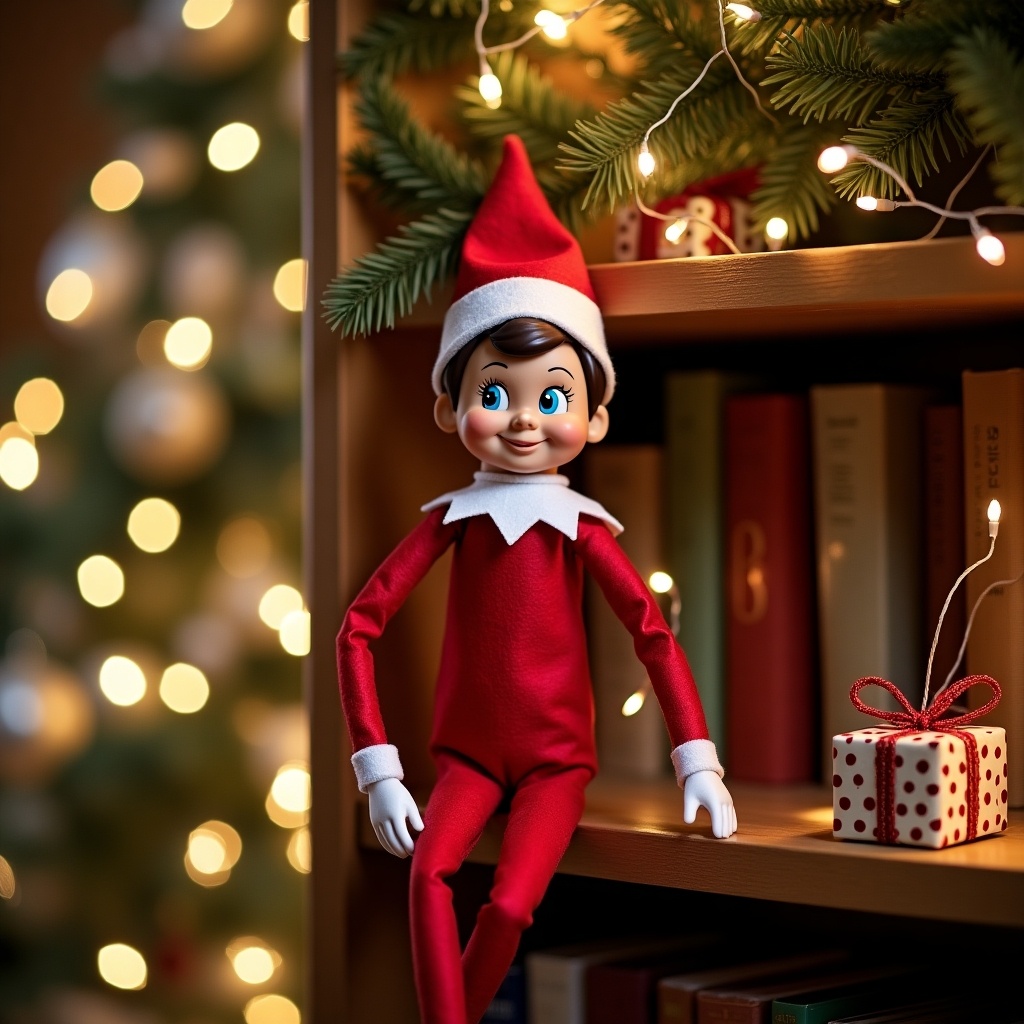 The image features an Elf on the Shelf sitting on a bookshelf adorned with festive decorations. The elf, dressed in a classic red and white outfit, has a cheerful expression. Strings of warm lights and a small gift box surround the elf, creating a cozy holiday atmosphere. In the background, a Christmas tree can be seen softly illuminated, enhancing the festive spirit. This scene evokes feelings of joy and nostalgia during the holiday season.