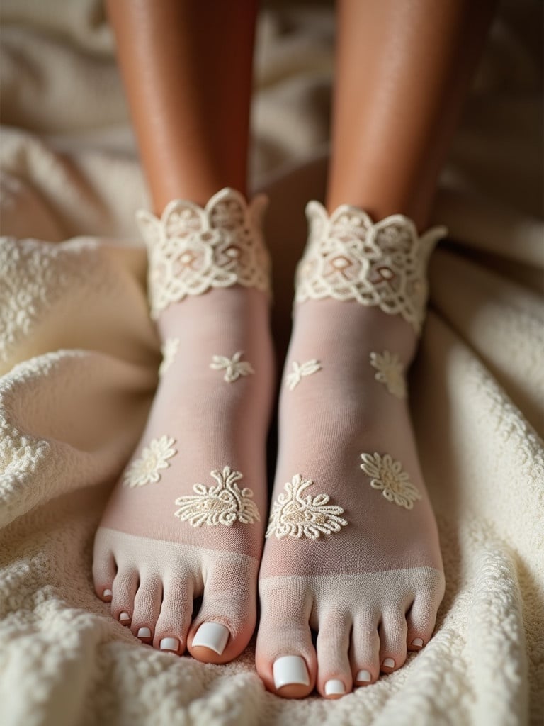 Close-up view of toes with delicate lace socks. Soft textures are in the background giving an elegant feel. Elegant embroidery adorns the socks, emphasizing toes beautifully.