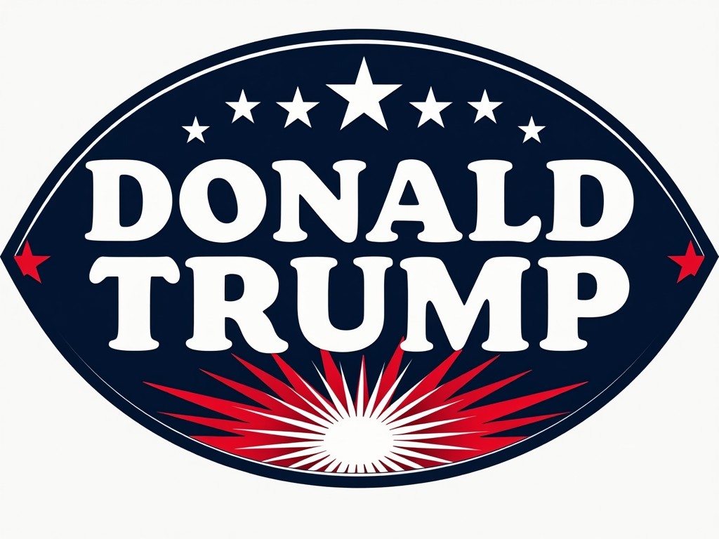 The image depicts a bold, graphic design with the name 'Donald Trump' prominently displayed. The design utilizes a patriotic color scheme of red, white, and blue, featuring stars above the name and a radiating sunburst pattern below, conveying a sense of boldness and power. The overall aesthetic resembles classic political campaign posters with a modern twist.