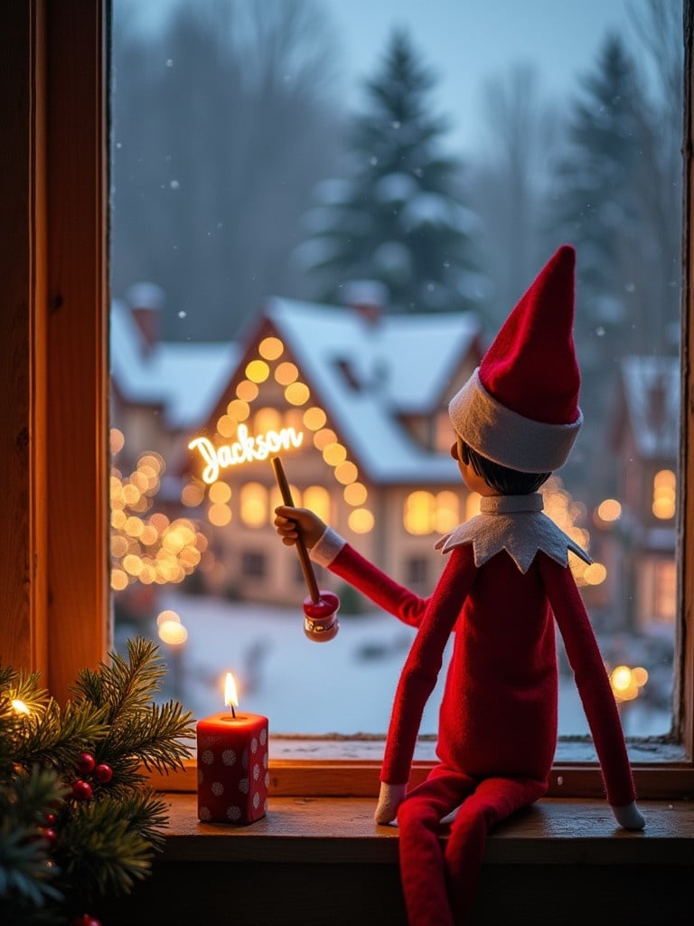 An elf doll wearing a red and white outfit is seated by a window. The elf holds a glowing wand that lights up the name 'Jackson.' The scene shows a snowy Christmas village decorated with lights. There is a candle on the windowsill adding warmth. The outside landscape depicts holiday cheer and magic, inner ambiance reflects anticipation for the season.