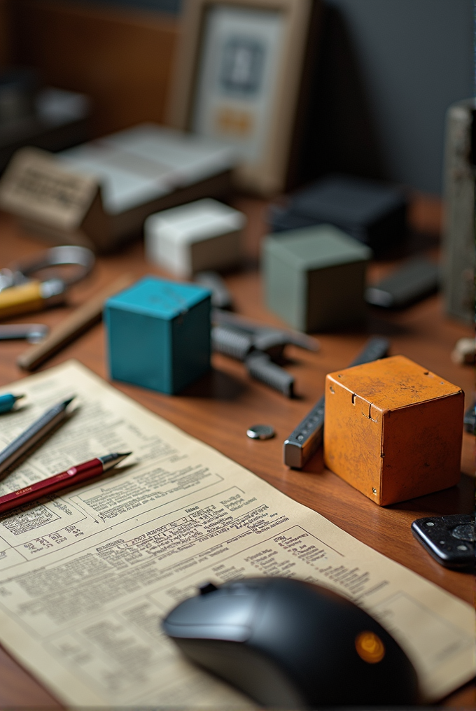 The image features a cluttered desk with various tools, metal blocks, pens, and a computer mouse, alongside a large document with technical details.