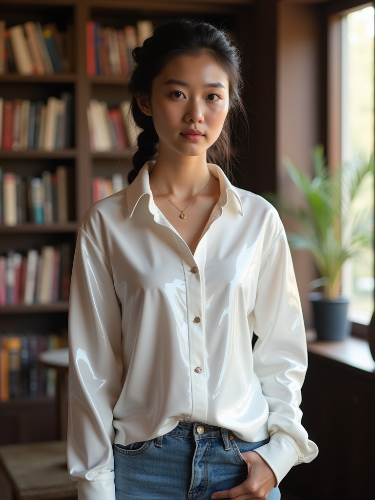 An Asian person stands in a library. Clothing includes a glossy white long-sleeve shirt and jeans. Natural light enters from the window creating warmth. Background features bookshelves. Hair is styled in a braid.