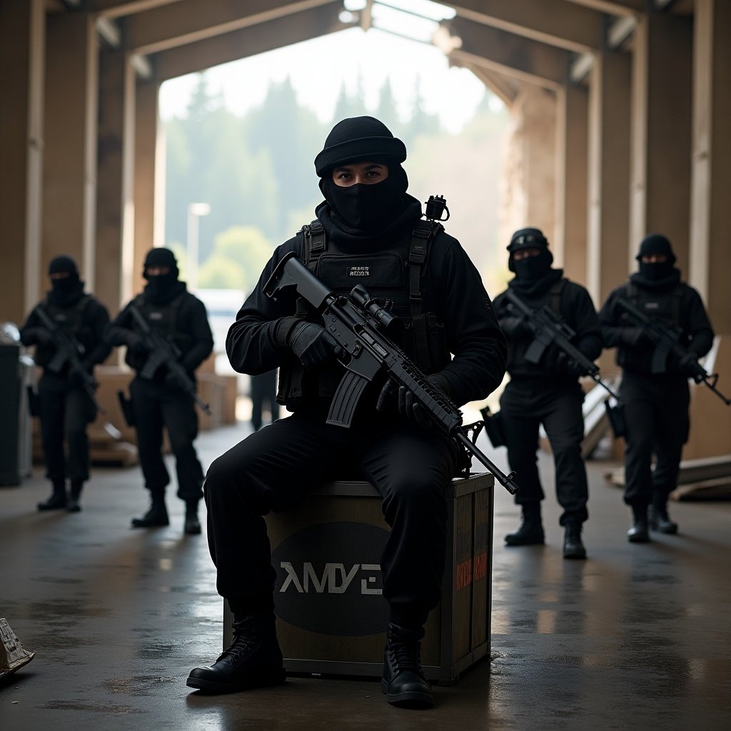 Recon marine in all black gear with sniper rifle. Sitting on crate in destroyed warehouse with explosion. Seven squad members in black gear.