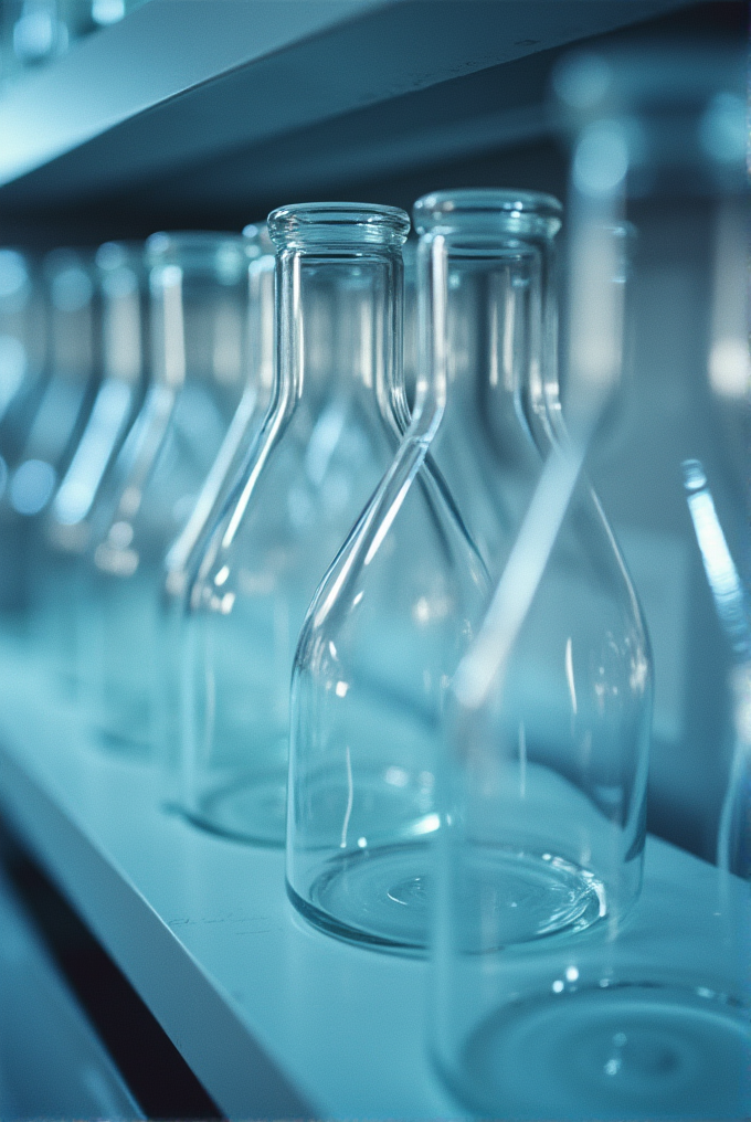 Several empty glass bottles are lined up on a shelf in soft focus.