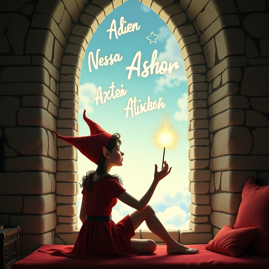 An enchanting scene featuring an elf sitting by a tall arched window. The elf has their back to the viewer, gazing into a bright sky filled with soft clouds. In one hand, they hold a wand, which they are using to write names in the air. The names written appear to be Aden, Nessa, Asher, Axton, and Atticus, glowing with magic. The interior is cozy, with stone walls and a whimsical ambiance that evokes the magic of the holiday season.