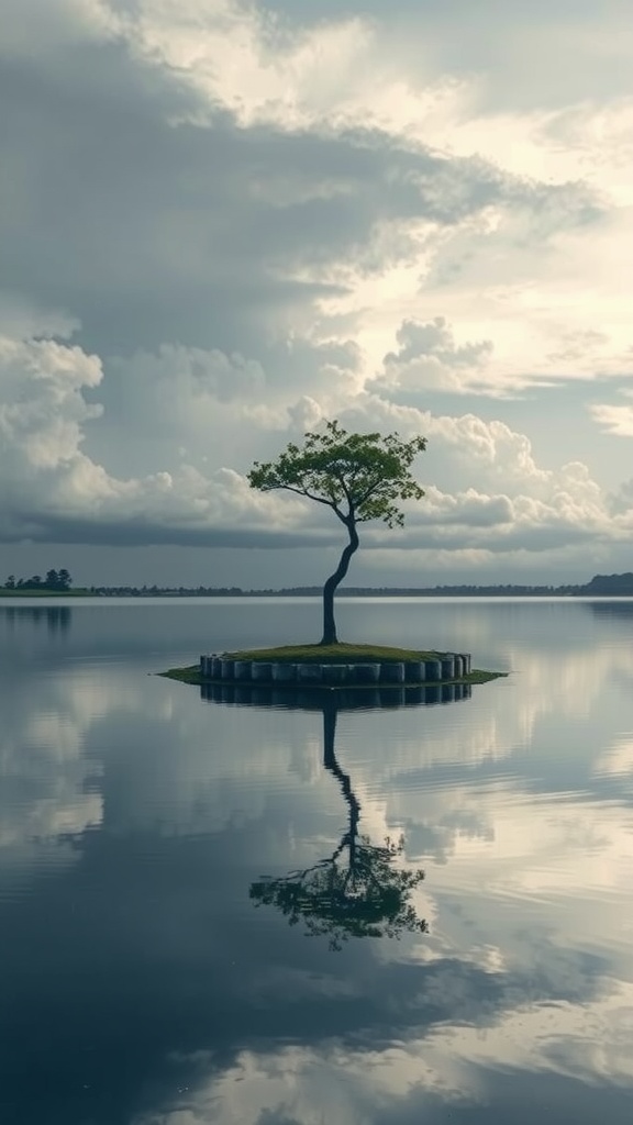 A lone tree stands on a small island, mirroring itself in a calm lake under a cloudy sky.