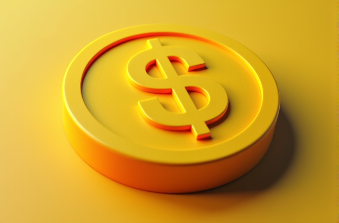 A 3D rendered golden coin featuring a prominent dollar sign on a matching golden background.