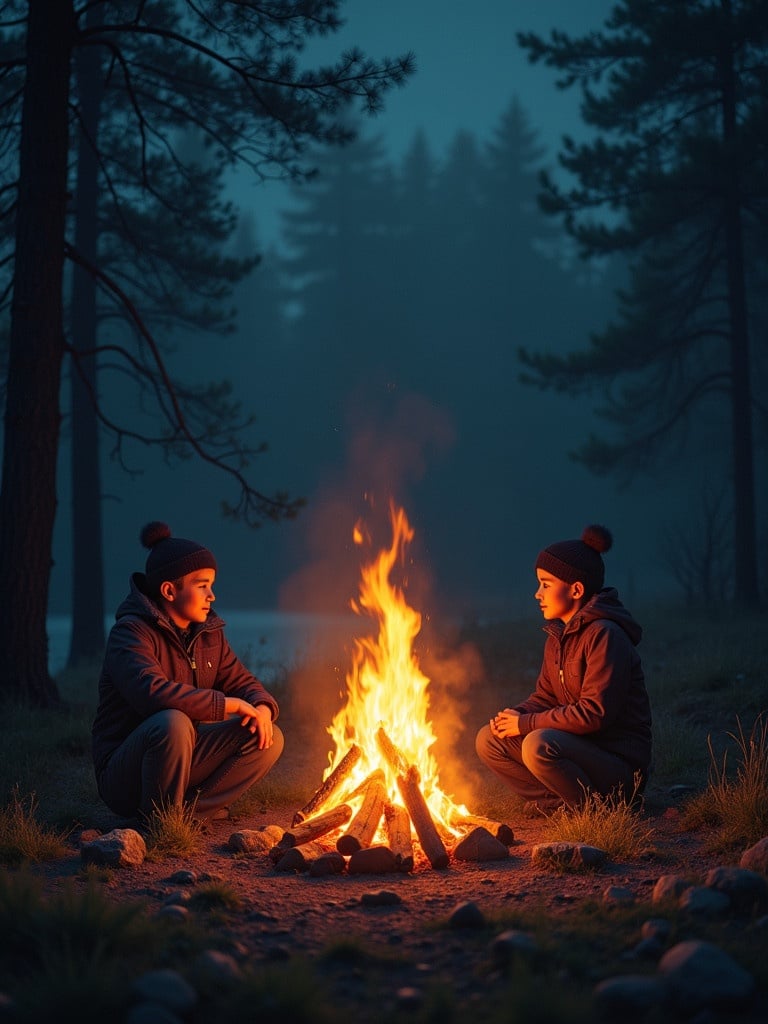 Two people sitting by a campfire at night. The fire blazes brightly as they enjoy the warmth. Tall trees shadow the background. A serene lake reflects the dim light.