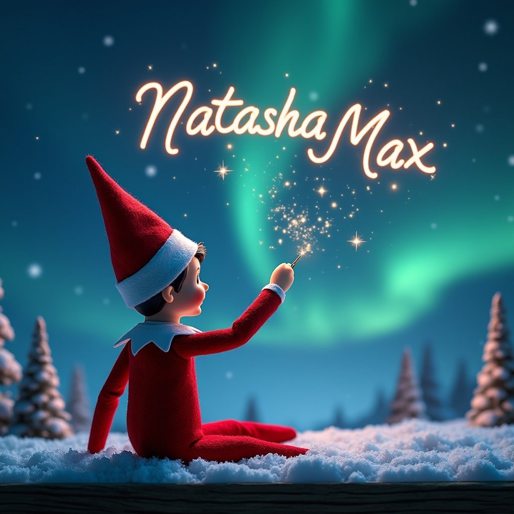 The image features an elf sitting on a snowy landscape with his back turned, gazing towards the sky filled with vibrant northern lights. He holds a glowing wand, using it to elegantly write the names 'Natasha' and 'Max' in the air. The background is a magical and festive Christmas scene, complete with the silhouette of Santa. Snow-covered trees frame the scene, adding to the enchanting atmosphere. Soft lights and sparkles illuminate the air around the elf, accentuating the whimsy of the moment. It's a celebration of the holiday spirit and childhood imagination.