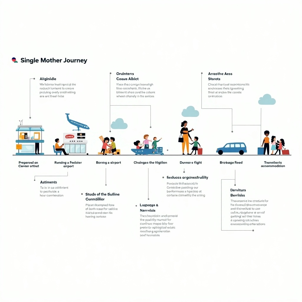 This journey map outlines the experience of a single mother traveling by plane, detailing her actions, emotions, and challenges at each stage. It starts with preparation before departure and addresses the emotional and logistical hurdles faced. Each section illustrates the various phases, from arriving at the airport to boarding the plane, during the flight, arriving at the destination, and transportation to accommodation. The map emphasizes the needs of a single mother traveling with children to improve her travel experience. The visual elements are designed to engage parents looking for travel guidance.