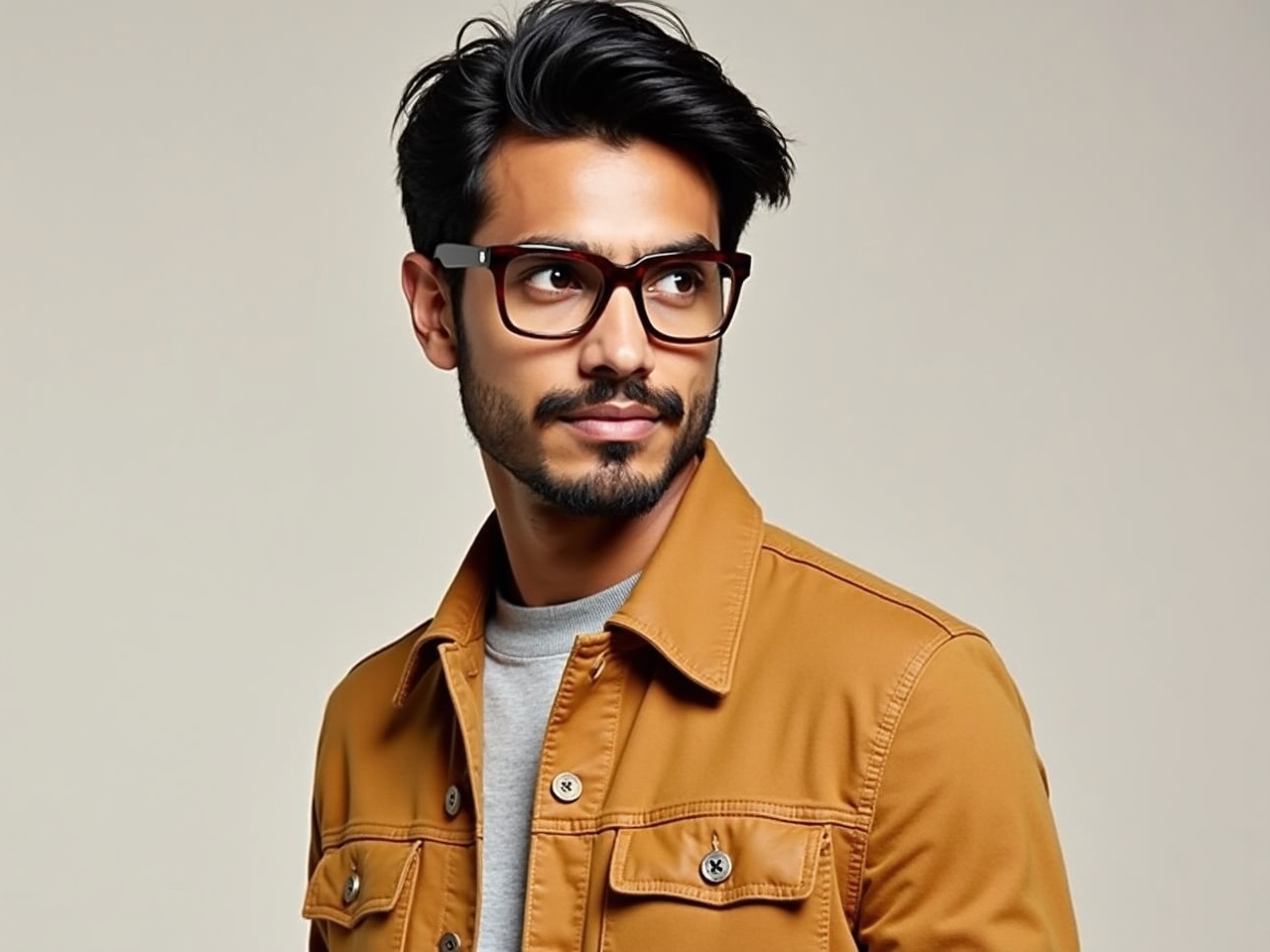 A man with glasses and a casual jacket glances sideways, set against a neutral background.