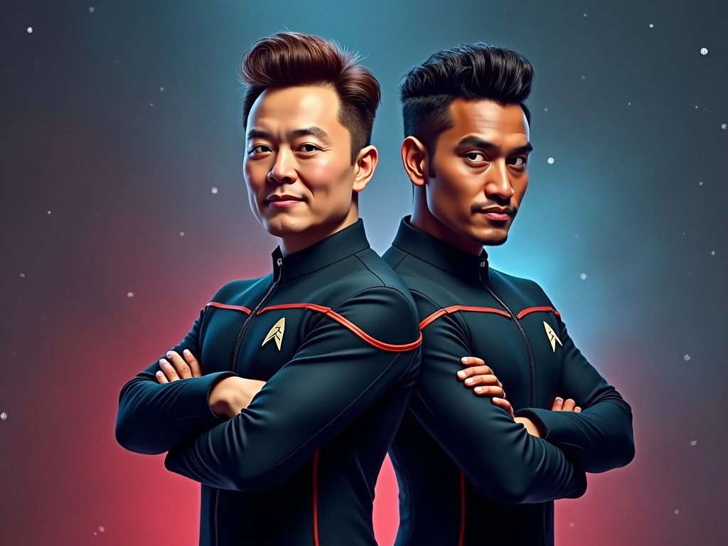 The image features two individuals dressed in sleek Starfleet uniforms, standing confidently back-to-back. One person is smiling with a friendly expression while the other has a more intense gaze. They are bathed in dramatic lighting, creating a striking contrast between the blue and red backgrounds. Their uniforms are detailed, showcasing their affiliation with a futuristic organization. The overall vibe of the image merges sci-fi aesthetics with modern cultural references, hinting at a playful take on space exploration and innovation.