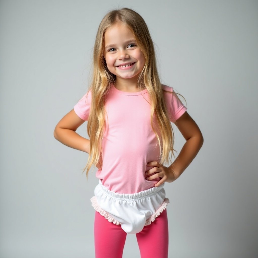 Image of a young girl in a pink t-shirt and white diaper with pink leggings. She stands confidently with one hand on her hip against a soft gray background. The scene is playful and relaxed, highlighting her comfortable attire and innocence.