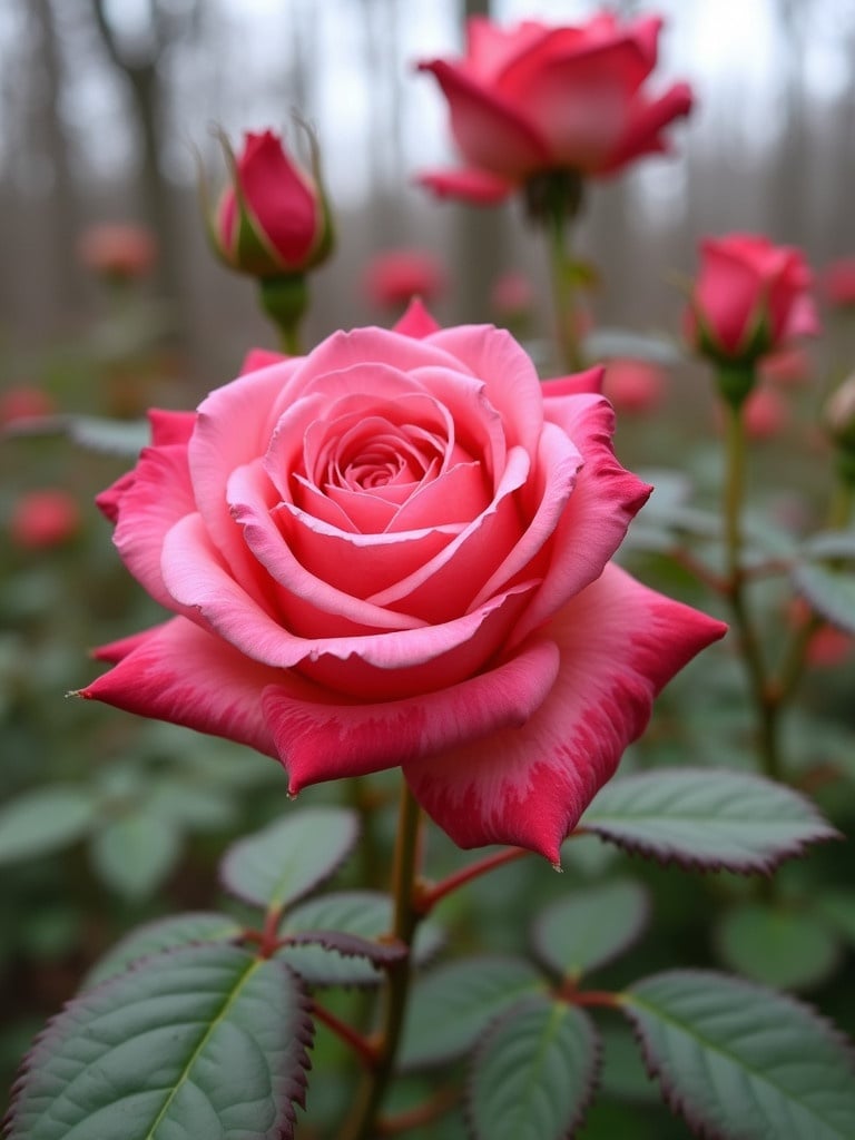 Photo shows a close-up of a pink rose blooming in a garden. The background features additional rose buds. The scene takes place in winter with a soft, diffused light.