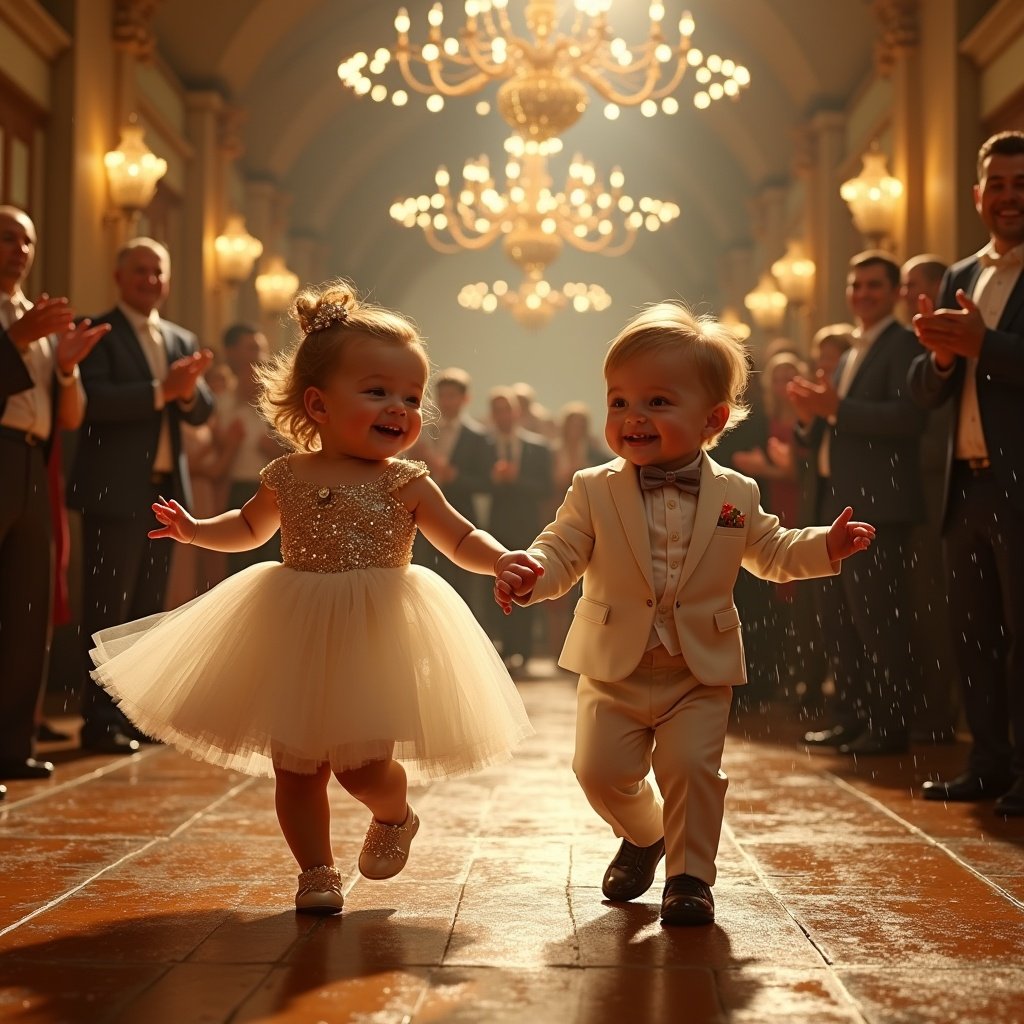 Two chubby babies dance at a grand ball. One girl in a glamorous glittery dress, one boy in a tailored suit with a bow tie. A crowd watches and applauds them. Warm golden lighting highlights the polished wooden floor. A heartwarming and enchanting scene with cinematic quality.