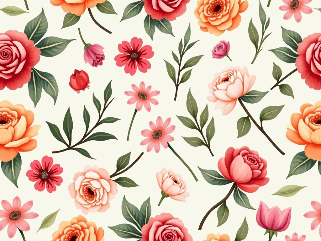 This image features a beautiful seamless pattern of various flowers on a light background. The design includes roses, daisies, and other vibrant blooms, showcasing an array of colors such as pink, red, and peach. Leaves are integrated among the flowers, adding a touch of greenery to the pattern. This floral design is suitable for various applications, including textiles and wallpapers. The arrangement creates a harmonious and cheerful aesthetic that can brighten any space.