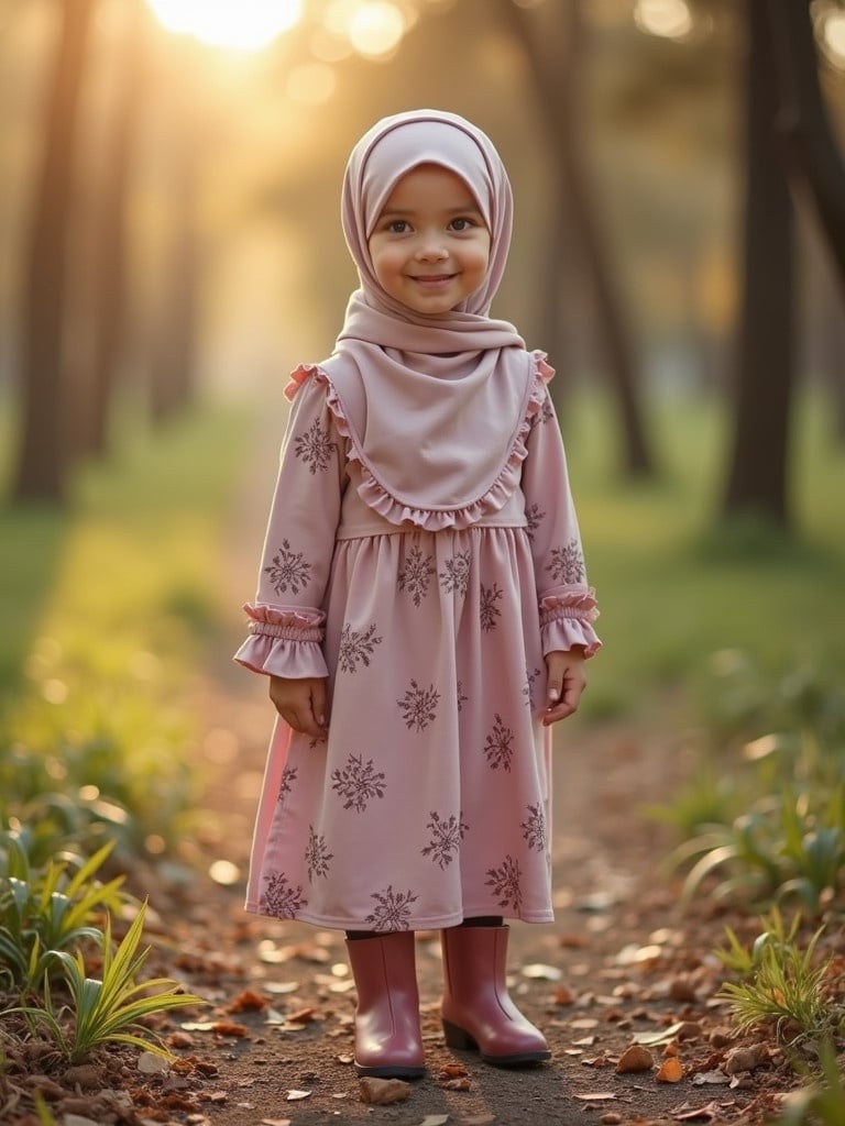 A five-year-old girl is wearing a luxury pink hijab and a pink abaya dress standing outdoors. Natural setting with sunlight and trees around. She wears stylish boots. The image features warm lighting and soft tones.