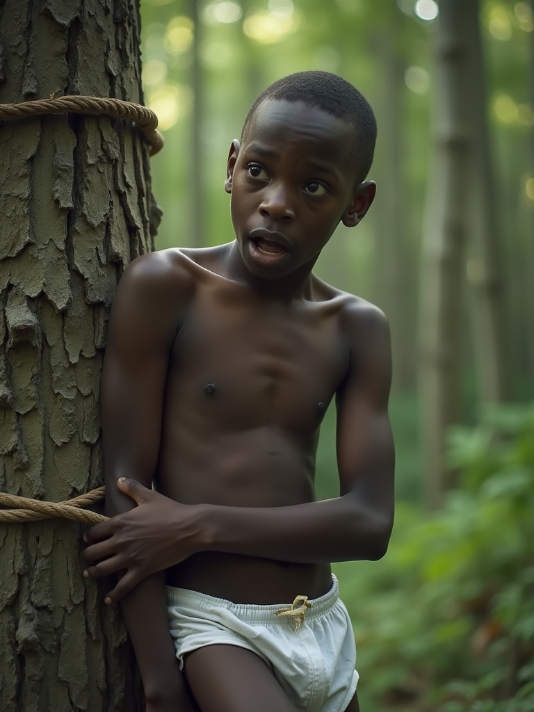 A 15-year-old black boy is tied to a tree in a forest. The boy appears physically developed. He wears white swimming trunks and shows signs of fear.