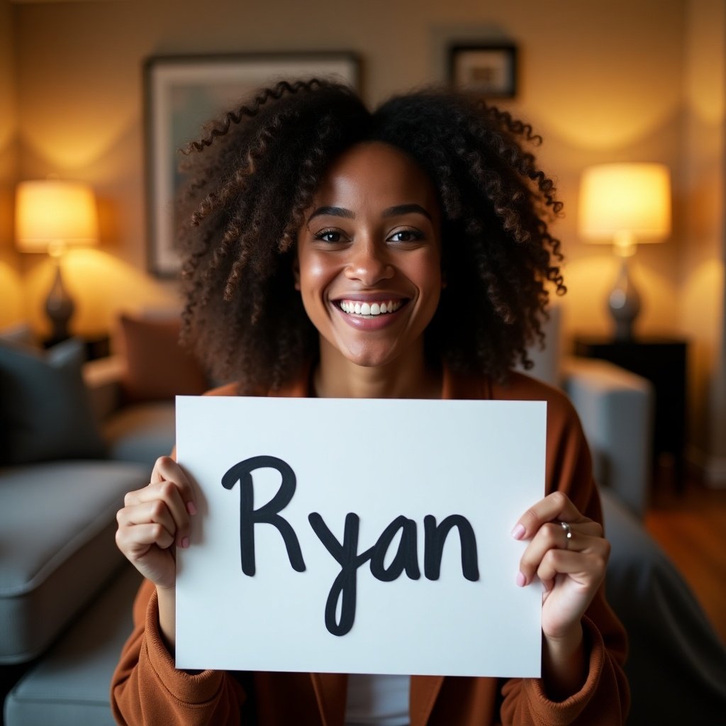 Young black woman is sitting in a cozy living room while holding up a white piece of paper. The name 'Ryan' is written in bold black letters. She is smiling joyfully. The soft lighting creates a warm environment. The living room is stylishly decorated, showcasing comfort.