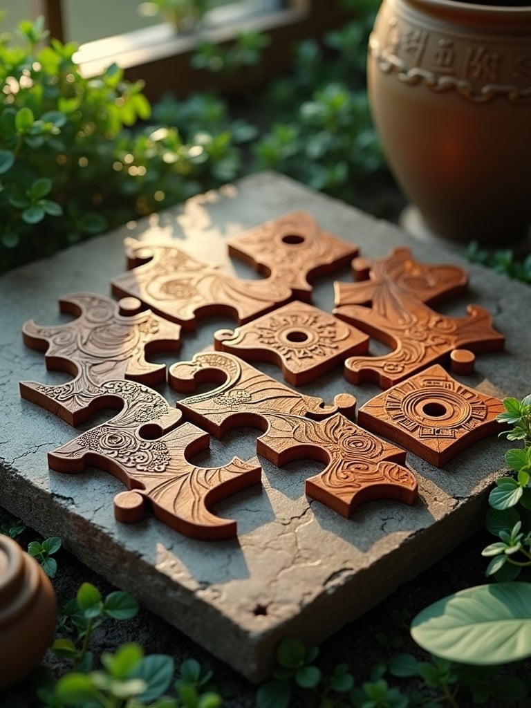 Exotic wooden tangram puzzle pieces scattered on a stone tablet. Ornate Asian motifs adorn the pieces. Surrounded by greenery and misty effects. Evokes an ancient Asian atmosphere. Hyper-realistic detail and deep colors. Rendered with textures reminiscent of concept art. Captured with soft, golden lighting.