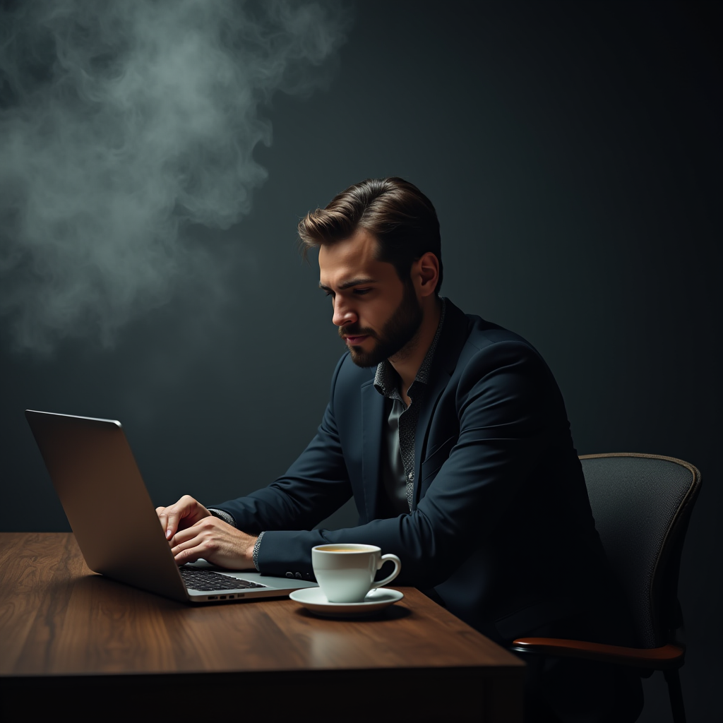 A man in a dark suit works intently on a laptop at a wooden table, with a cup of coffee steaming beside him against a moody, dark background.