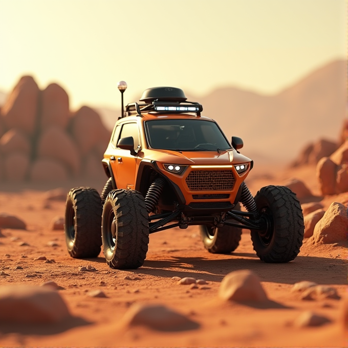 A rugged, orange off-road vehicle with large tires navigates a rocky, desert landscape under a warm, hazy sky.