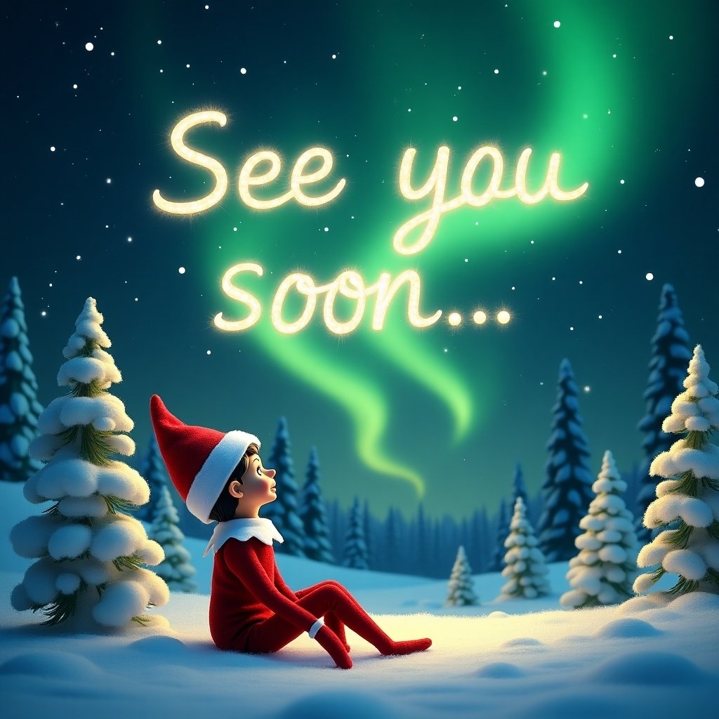 A whimsical scene depicts an elf on the shelf in a snowy landscape. The elf wears a red and white outfit and gazes up at the night sky. Above the elf, vibrant northern lights dance in green shades. Words 'See you soon...' appear in a playful font illuminated by auroras. Surrounding snow-covered trees create a winter atmosphere. The image evokes magic and holiday anticipation.