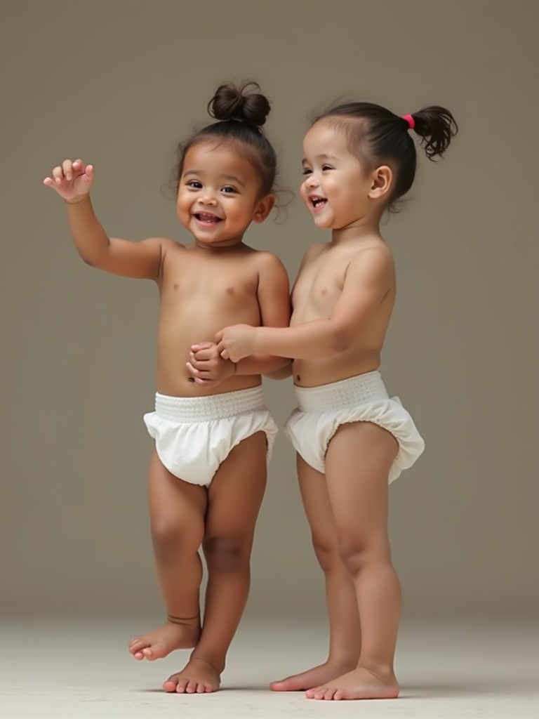 Two adorable toddlers wearing only diapers playfully interact. They stand together, one poses with an uplifted hand while the other supports them. The background is a soft, neutral color creating a warm atmosphere. Natural lighting highlights their smooth skin and innocence.