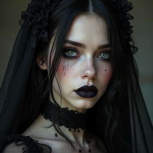 Generate a very realistic beautiful caucasian goth woman. She has pretty dark makeup and is bathed in natural lighting. The image captures her intricate dark attire and striking features.