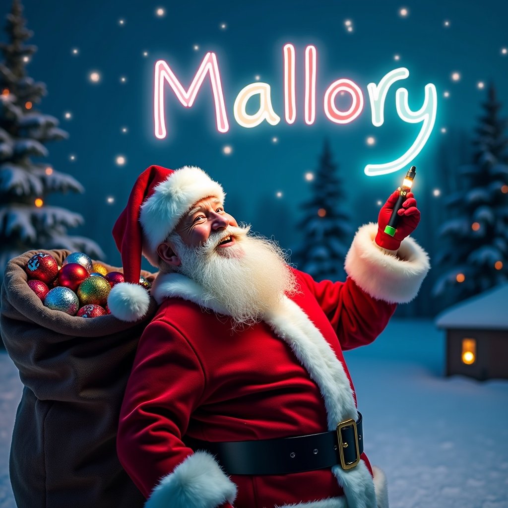 Cheerful Santa Claus in vibrant red suit joyfully writing the name Mallory in the night sky with a colorful glow pen. Cozy winter landscape with snow-covered trees. Colorful ornaments fill his sack. The scene evokes magic and wonder, ideal for holiday celebrations. Glowing text adds a whimsical touch for Christmas theme.