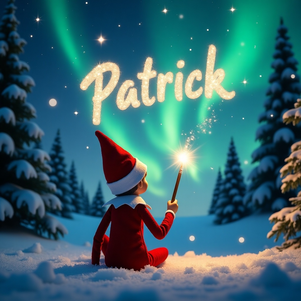 This enchanting image features an elf on the shelf, sitting with its back to the viewer and facing a mesmerizing sky illuminated by northern lights. The elf, dressed in traditional festive attire, holds a magical wand, which it uses to create the name 'Patrick' in twinkling light above. The scene is set in a picturesque winter wonderland, with soft, powdery snow covering the ground and evergreen trees surrounding the elf. The atmosphere is playful and vibrant, embodying the excitement and magic of the Christmas season. This delightful representation captures the essence of holiday wonder, perfect for festive celebrations.