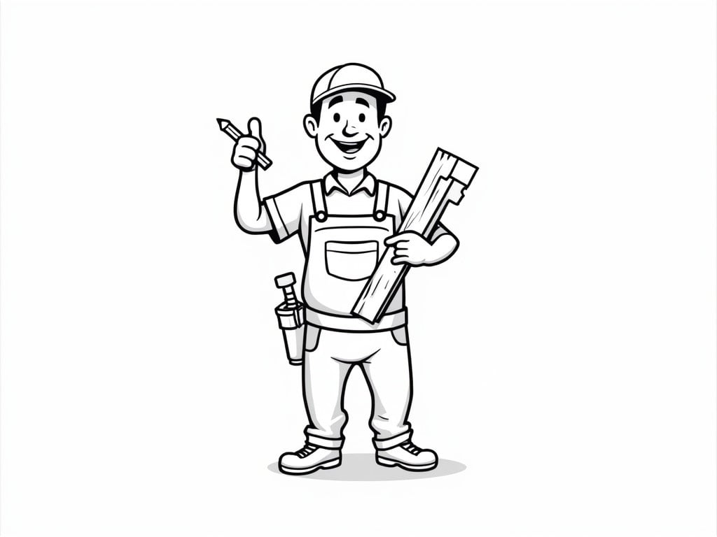 A funny black and white cartoon illustration shows a cheerful handyman. The handyman is dressed in cap and overalls with a light blue shirt underneath. He is ready for action holding a piece of wood and a saw while giving a thumbs-up with his other hand. A pencil is behind his ear and a hammer is tucked into his tool belt. This illustration captures the spirit of a hardworking carpenter.