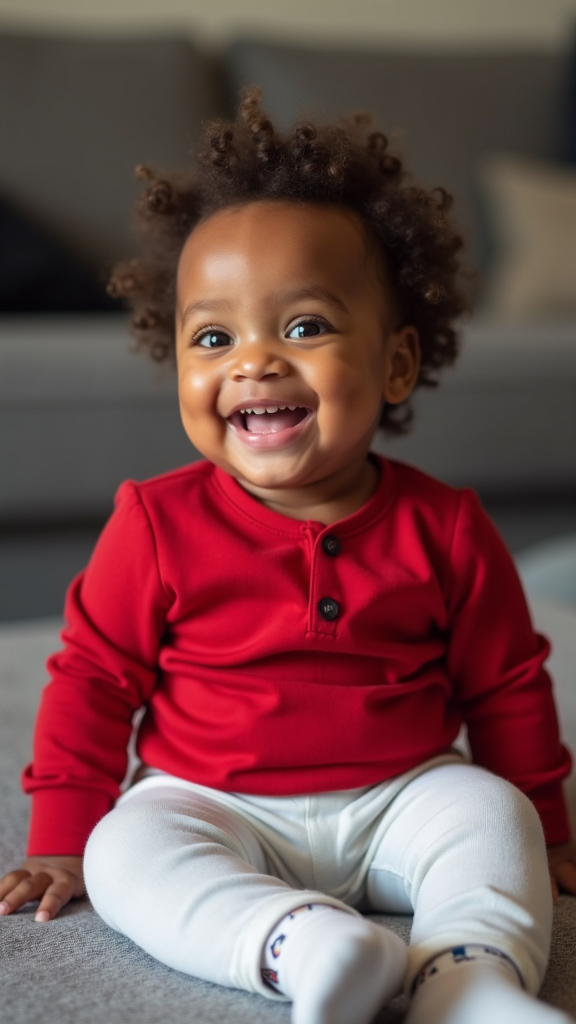 A cheerful toddler with curly hair, wearing a red shirt and white leggings, is sitting on a gray surface and smiling broadly.