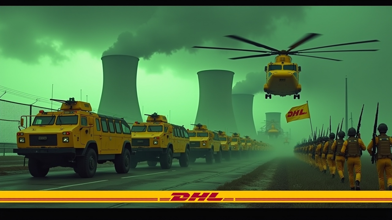 In a dramatic scene, several large yellow armored cars drive up to a fence. The armored cars are painted with the DHL logo. Nearby, several soldiers wearing yellow uniforms and holding rifles are seen marching together in unison. One soldier stands valiantly holding a flag with the DHL logo. In the background, we can see the prominent smokestacks of a nuclear power plant, glowing green. The sky is awash with an evil green glow, and a large yellow Chinook cargo helicopter flies above, adding to the intensity of the scene. At the bottom, we see the DHL logo, displayed in bold, yellow text.