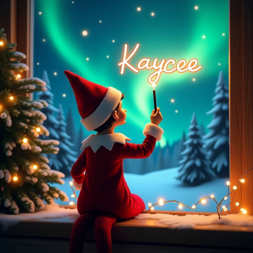 This image captures an enchanting Christmas scene featuring an elf on the shelf. She is sitting with her back to the viewer, gazing at the sky. Dressed in red and white, the elf wields a magic wand and writes 'Kaycee' in glowing letters above her. The background is brightened by the vibrant colors of the northern lights. The scene exudes holiday spirit with its whimsical touch and festive decorations, perfectly encapsulating the magic of the season.