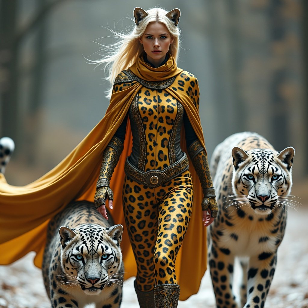 A magical scene featuring a leopard-human character with golden spotted fur wearing a striking outfit with intricate patterns that resemble a leopard's spots. She confidently strides forward with a flowing cape that looks like a second skin. Beside her, a majestic snow leopard glides silently, showcasing its icy blue eyes. The atmosphere is filled with tension, as they prepare for a primal contest against a panther-human who is equally fierce. This imagery encapsulates a world where humans embody the spirit of big cats, emphasizing stealth and speed in a thrilling narrative.