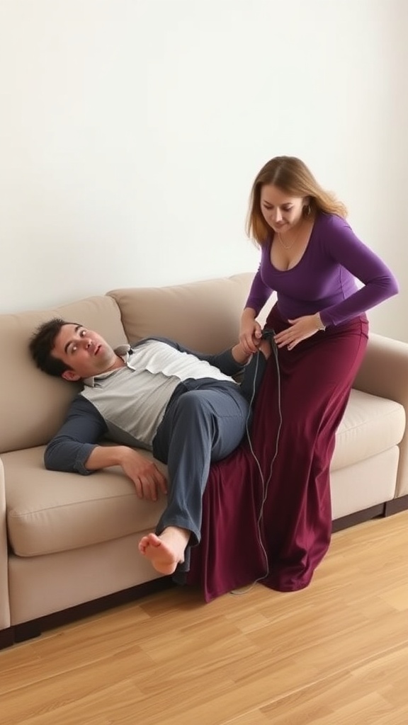 A woman playfully interacts with a man who is lounging on a couch. She appears to be teasing him or adjusting something about his outfit. The couch is beige, and she is wearing a long purple skirt while he is dressed casually in a gray outfit. The setting looks comfortable and relaxed, perfect for home. The woman has a playful expression, and the man looks surprised or amused. It's a moment focusing on casual intimacy and comfort in their relationship.