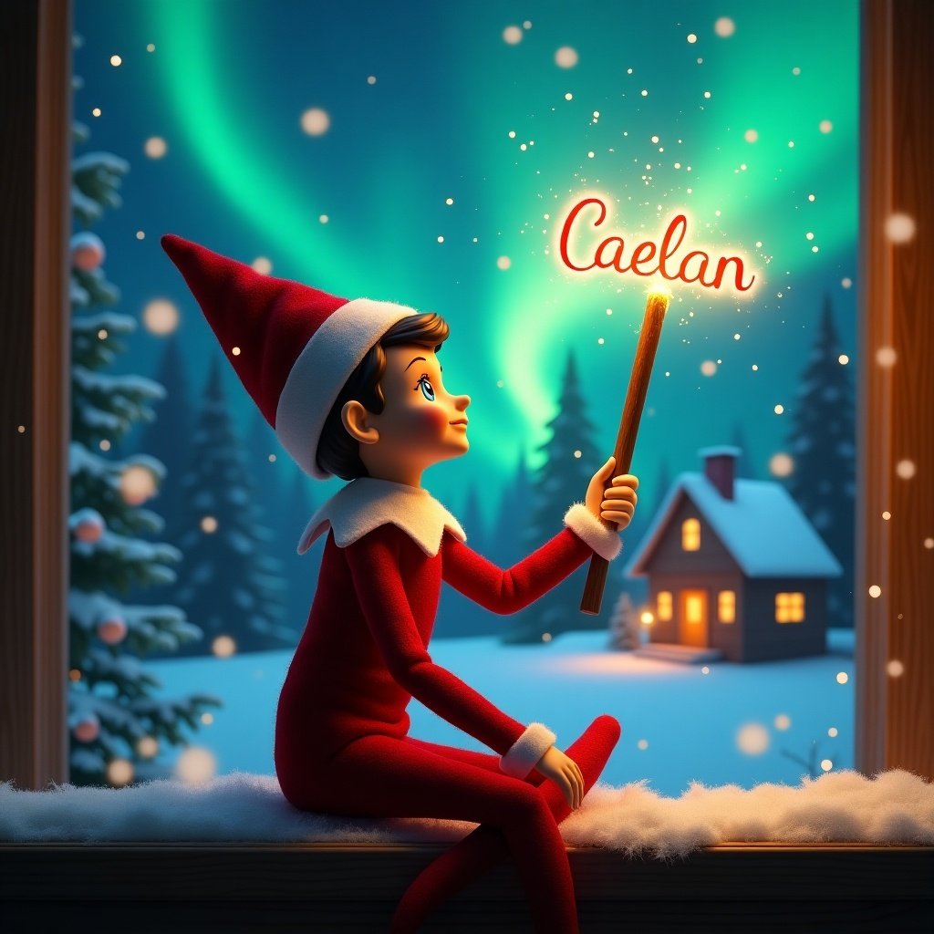 Elf on the shelf sits with back to viewer. Elf gazes skyward holding glowing wand. Colorful northern lights are visible. Cozy house in the distance. Snow covers the ground. Elf embodies magic and wonder of Christmas. Name ‘Caelan’ appears in the air.