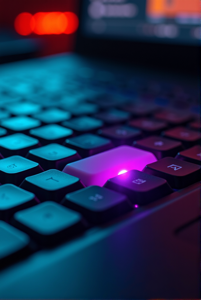 A close-up of a keyboard with a single key glowing purple, surrounded by a moody, blue and red ambient light.