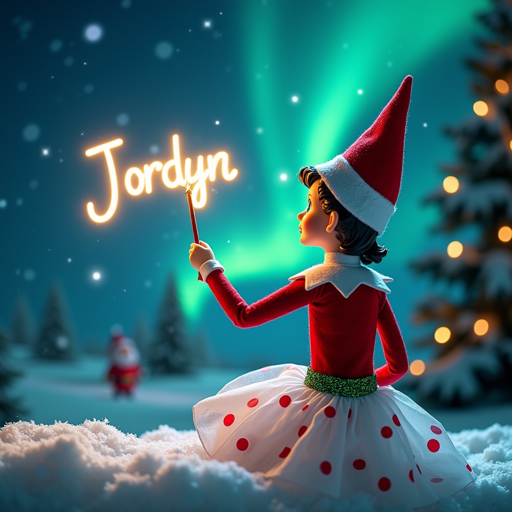 Enchanting Christmas scene features girl elf on the shelf with a white skirt with red polka dots and green glitter waistband. Elf sits with back to viewer, gazing upwards. Wand used to write name Jordyn in night sky. Background showcases northern lights and distant Santa Claus. Snow blankets ground, creating serene winter wonderland. This captures holiday joy and wonder.