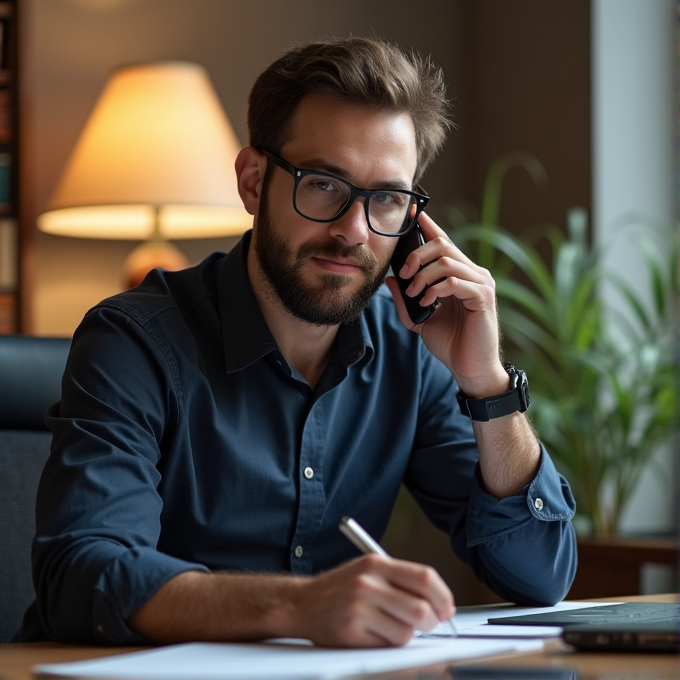 A man wearing glasses, seated at a desk, talks on the phone while writing notes, with a warm lamp and plants in the background.