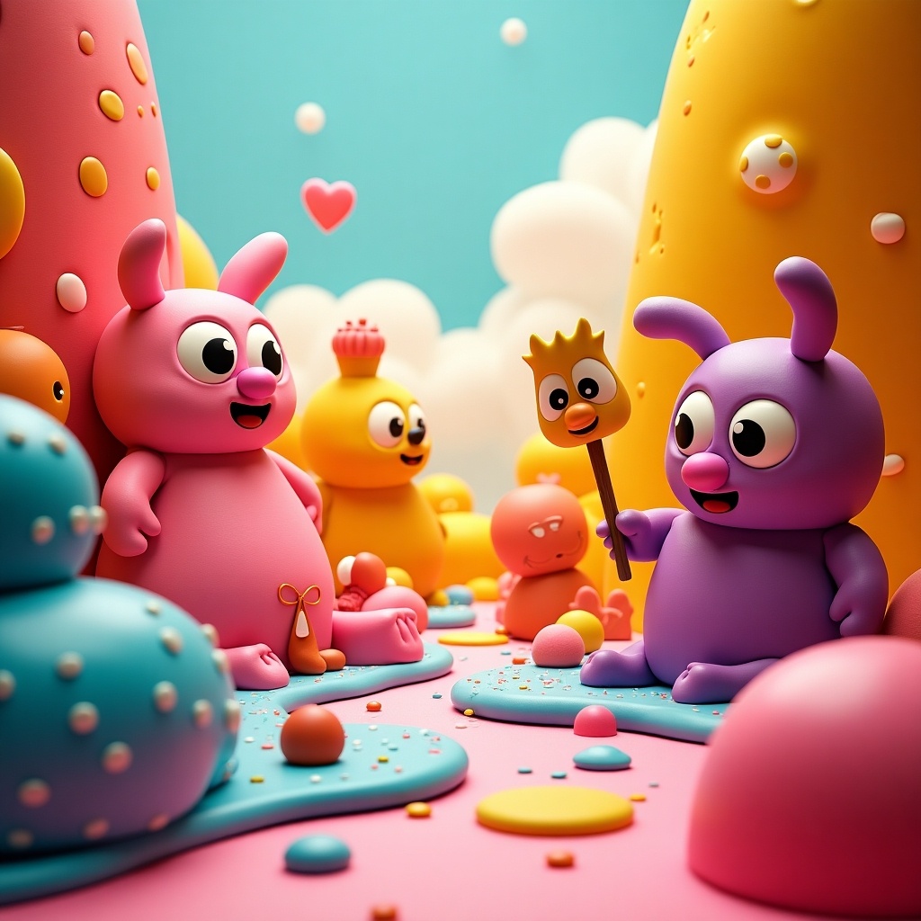 The image depicts a whimsical, colorful landscape populated by playful, animated creatures. These characters include pink and purple bunnies, along with other round yellow figures. The setting features vibrant pastel hills adorned with oversized candy-like textures. There are scattered playful elements, such as colorful balls and cute decorations. The ambiance is joyful and inviting, suggesting a fun, child-friendly environment typical of animated series for kids.