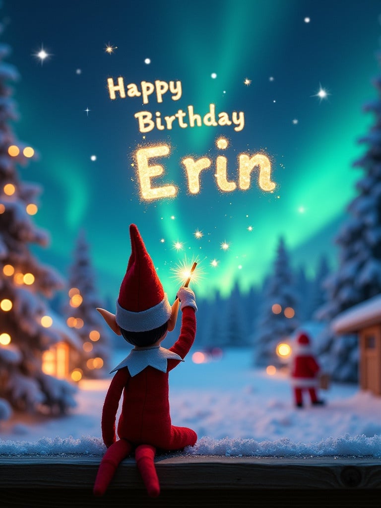 An elf on the shelf creates a magical scene. Elf faces vibrant night sky with a wand. He writes 'Erin' in sparkling letters. Background features snow-covered trees and northern lights. Santa Claus appears in the distance. Enchanting holiday atmosphere.