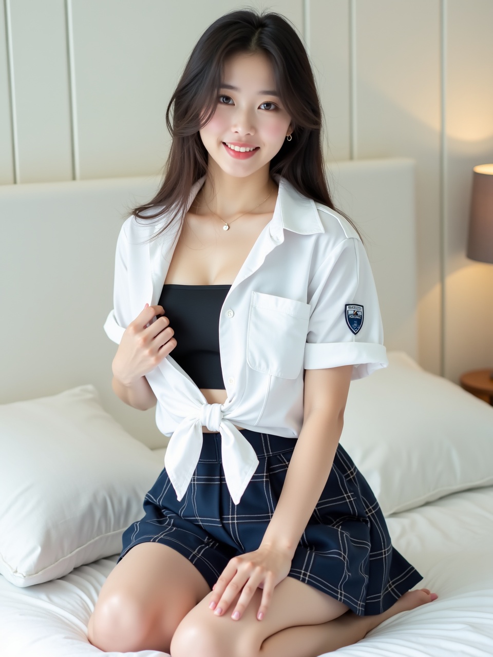 A woman with long dark hair is seated comfortably on a white bed. She wears a tied white shirt over a black top and a plaid skirt, creating a casual yet stylish look. The soft lighting and subtle background elements enhance the serene and welcoming atmosphere of the scene.