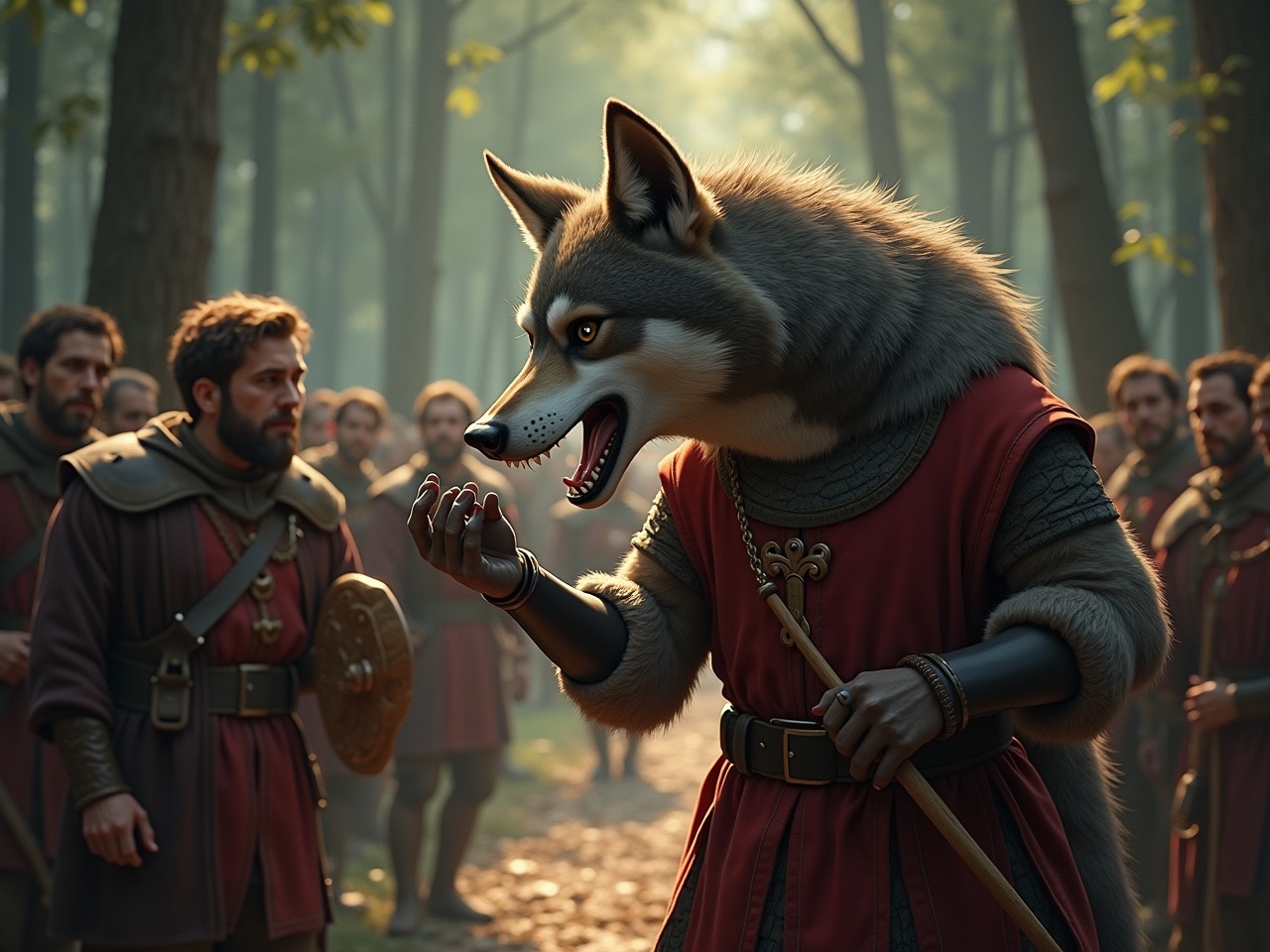 The image features a wolf-headed figure dressed in medieval attire, gesturing as if making a point. Around him are a group of human soldiers, looking on with interest and caution. The setting is a dense forest, illuminated by soft sunlight breaking through the canopy. The wolf’s expression is fierce and commanding, embodying a leader. The soldiers symbolize a blend of curiosity and respect, contributing to the tension of the scene.