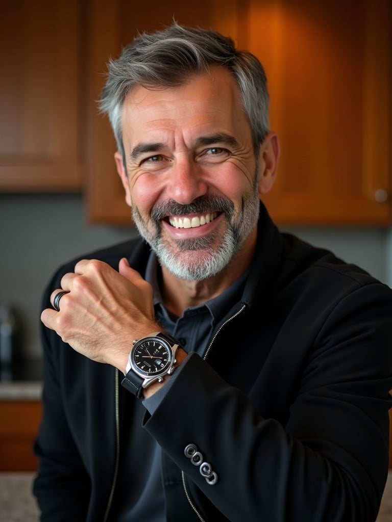 Image of a middle-aged man with gray hair in a black jacket. He is smiling gently. His hand is raised showing a watch. The background is wooden cabinetry. Lighting is warm and inviting.