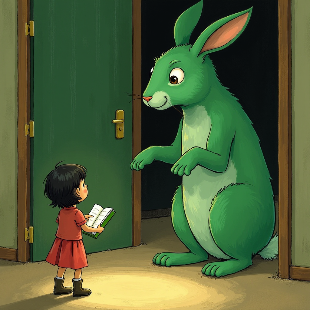 A young girl in a red dress stands in a doorway holding an open book, looking at a large, green, anthropomorphic rabbit standing on two legs.