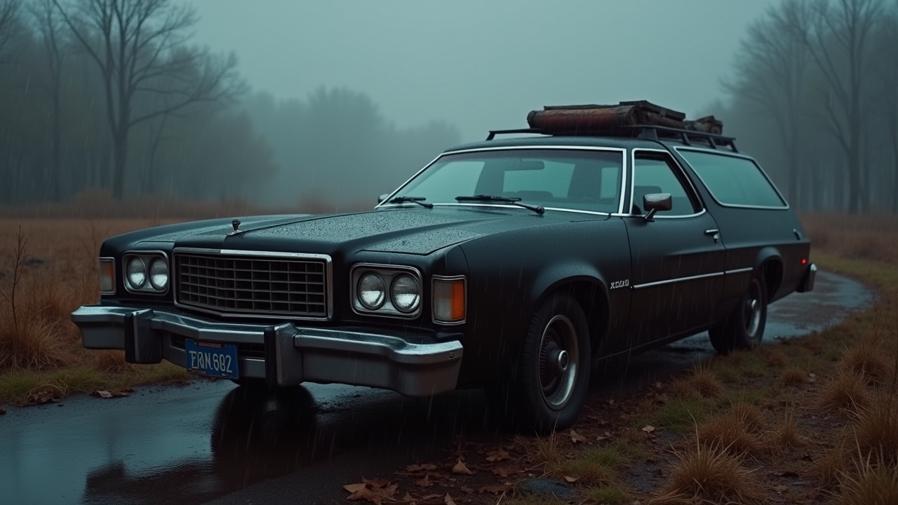 An old, worn-out matte black Ford Gran Torino wagon from 1975 is parked in a foggy forest during fall. The rainy weather adds a moody atmosphere to the scene. The side view of the vehicle showcases its classic lines and vintage aesthetic. Surrounding the car are tall, bare trees that enhance the feeling of isolation. Leaves lay scattered on the ground, emphasizing the fall season.