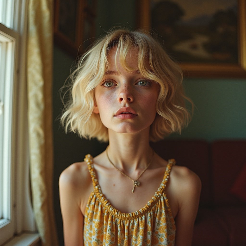 Portrait of a woman with a casual hairstyle. She is wearing a yellow dress. The background features a window and soft furnishings. The mood is airy and serene. Natural light highlights her features.