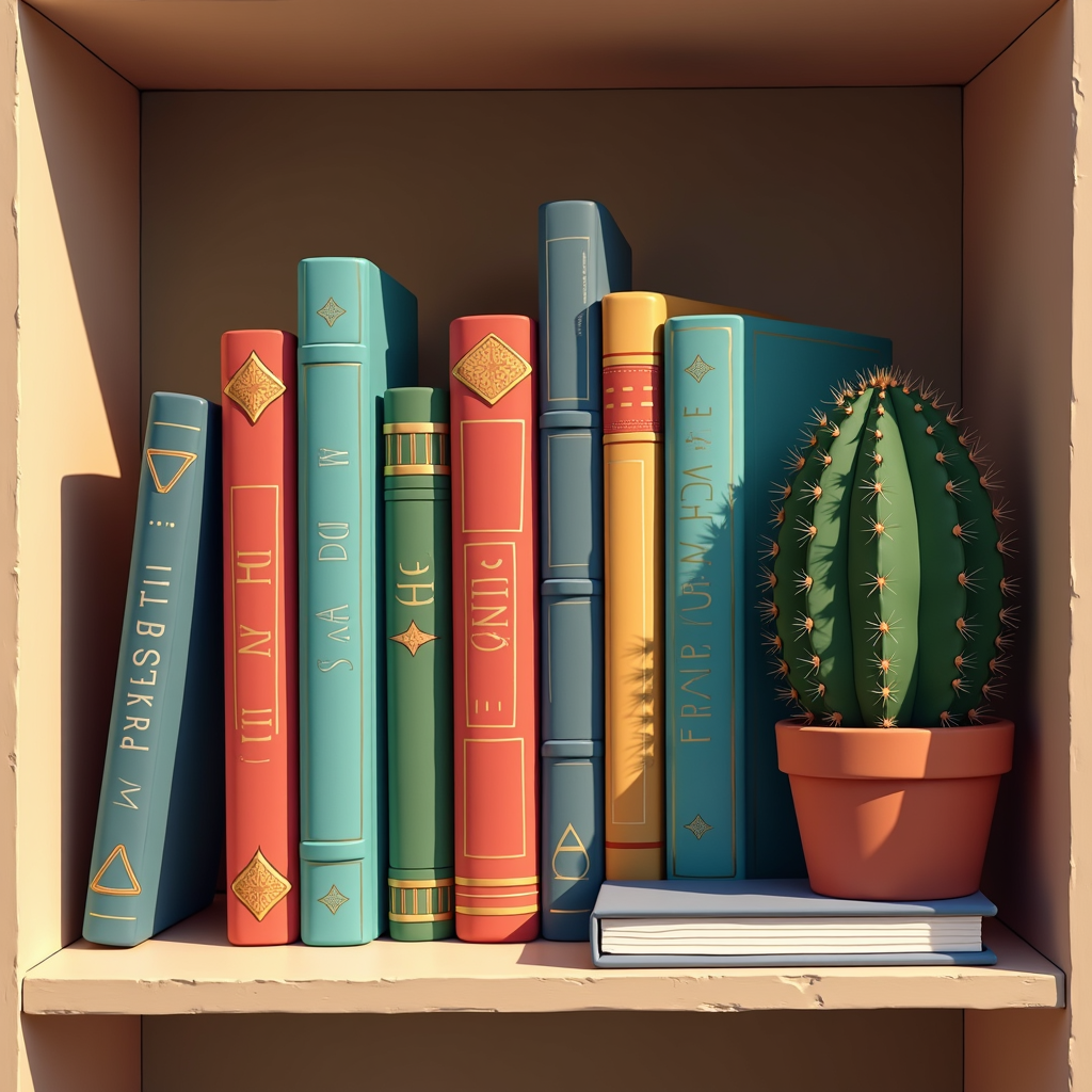 A neatly arranged shelf with colorful books, featuring intricate designs, next to a potted cactus bathed in warm sunlight.